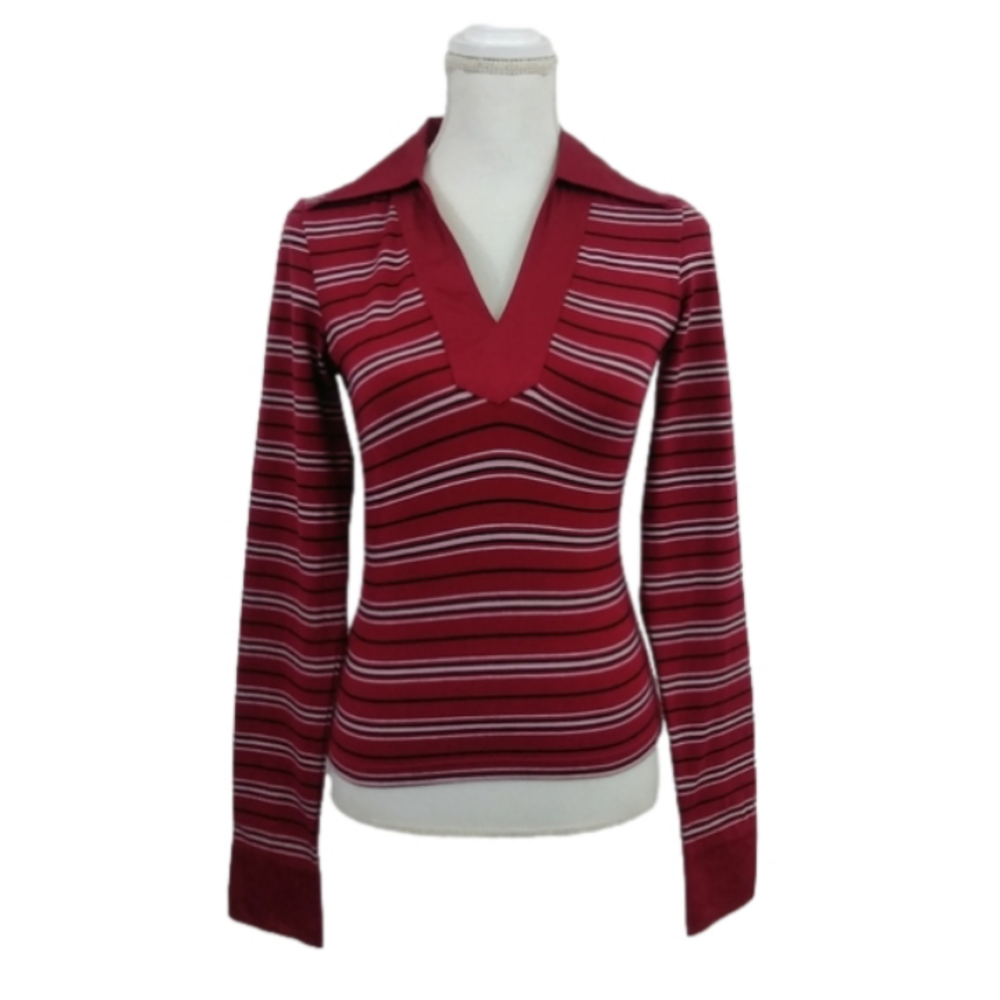 Energie Red Striped Long Sleeve Collared V-neck Casual Streetwear Shirt Top